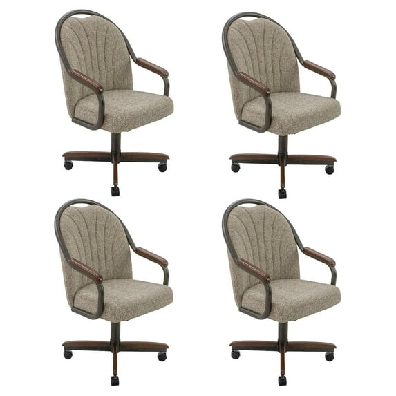 Chromcraft Douglas Dining Chairs on Wheels— Comfortable Swivel Cushioned Seats, Walnut Wood Arms, Bronze Metal Accents, 4 piece set