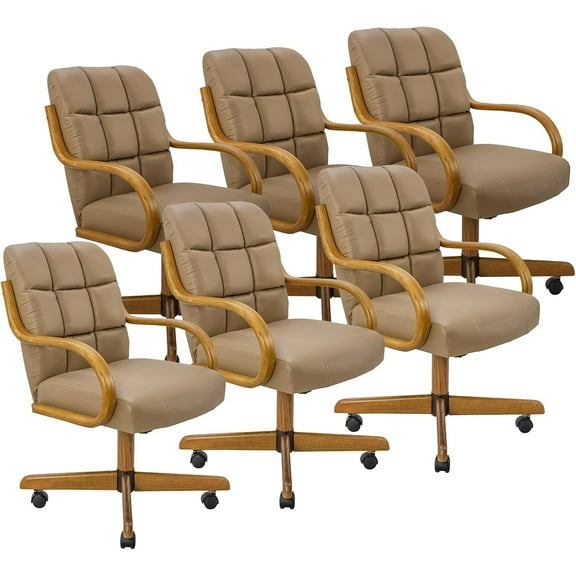 Chromcraft Douglas Swivel Tilt Dining Chairs with Casters – Comfortable Cushioned Seats, Chestnut Wood Arms and Base, Taupe Upholstery, 6-piece set