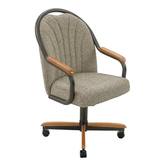 Chromcraft Douglas Dining Chair on Wheels – Comfortable Swivel Rolling Cushioned Seat in Texture Bronze, Chestnut Wood Arms, Set of 1