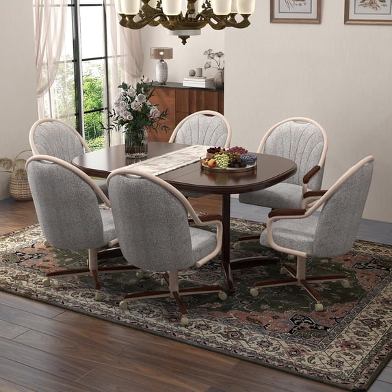 Chromcraft Douglas Swivel Tilt Dining Chairs with Casters – Comfortable Cushioned Seats, Walnut Wood Accents, Light Sand Metal, 1 piece set