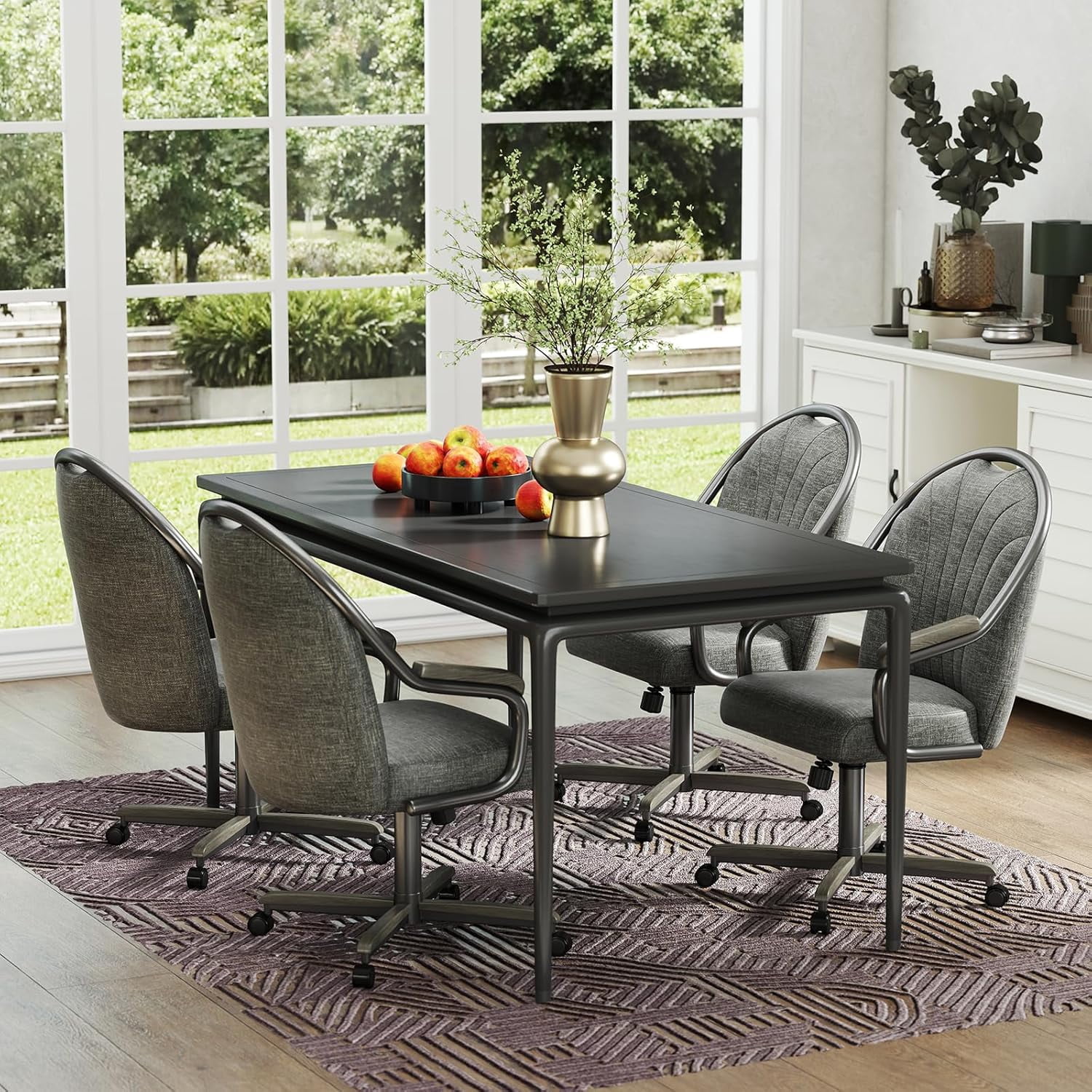 Chromcraft Douglas Set of 1 Casual Dining Chairs Classic Swivel Tilt Dining Chairs with Casters, Wooden Arm Metal Base Chairs with Rolling Wheels for Kitchen & Dining Room