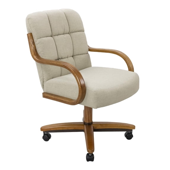 Chromcraft Dining Chairs on Casters, Set of 4 – Swivel Tilt Rolling Cushioned Seats with Chestnut Solid Wood Arms and Santa Rosa Linen Upholstery