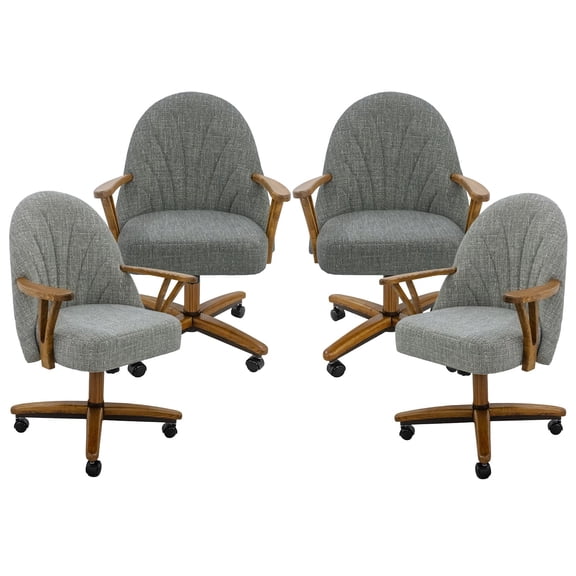 Chromcraft Dining Chairs with Casters – Swivel Tilt Rolling Cushioned Seats, Chestnut Oak Wood Arms and Bronze Base, Fonzo Marble Upholstery, 4 piece set