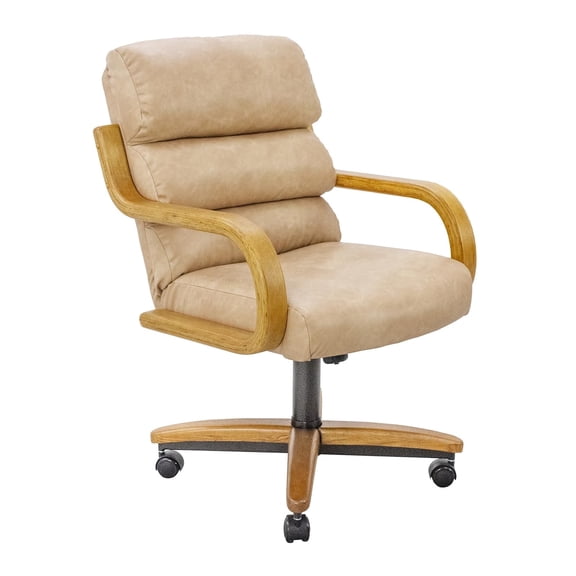 Chromcraft Swivel-Tilt Dining Chair on Casters, Chestnut Solid Wood Accents, Textured Bronze Pedestal Base, Ivanhoe Nude NPL Upholstery, set of 1
