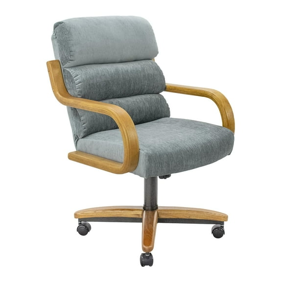 Chromcraft Swivel-Tilt Dining Chairs on Casters, Chestnut Solid Wood Accents, Textured Bronze Pedestal Base, Esmeralda Lake TK Upholstery, set of 1