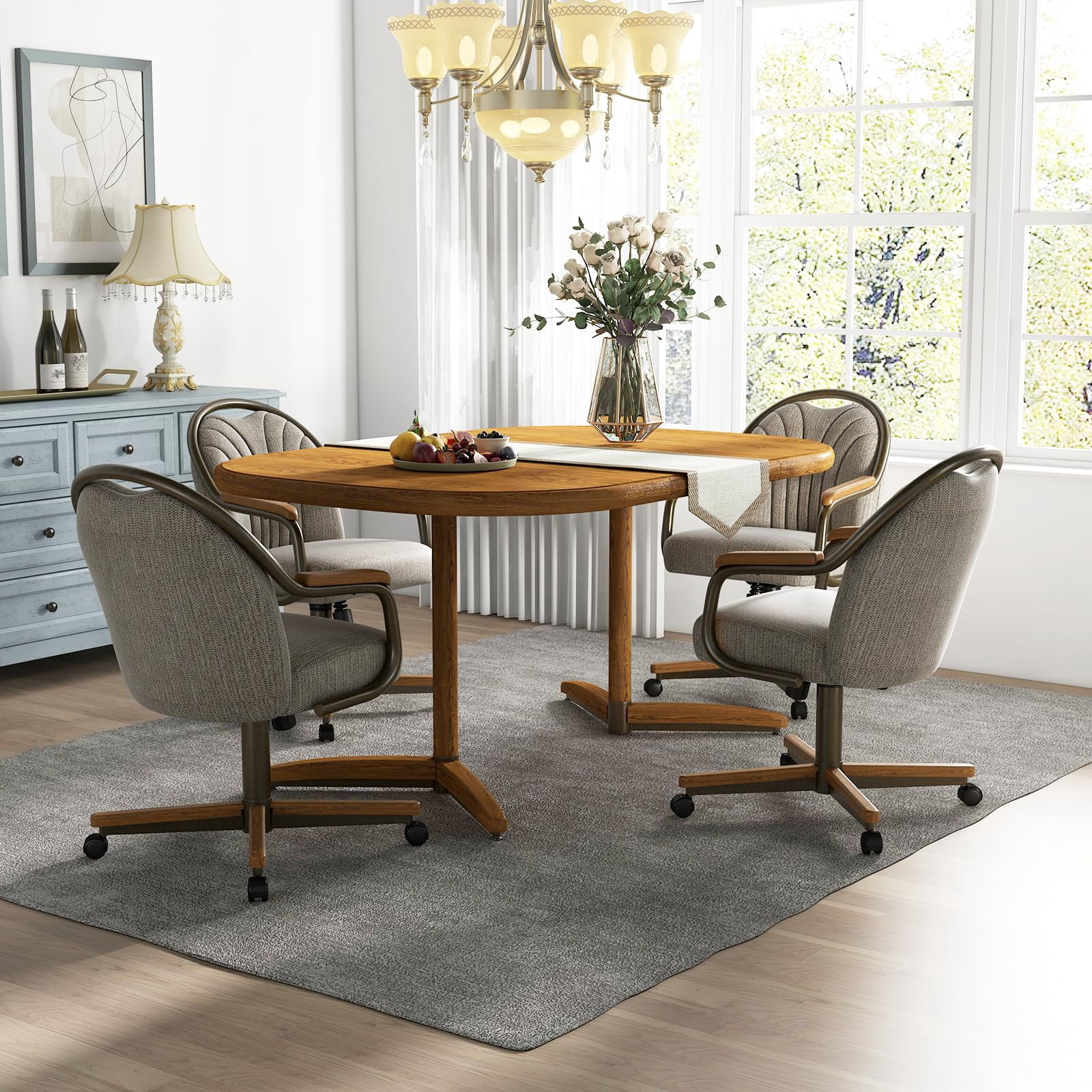 Chromcraft Set of 1 Kitchen Dining Chairs Swivel-Tilt Caster Dining Room Chairs Upholstered Memory Foam Chairs with Soft Rolling Wheels for Kitchen and Dining Room(Revive Mineral-Chestnut)