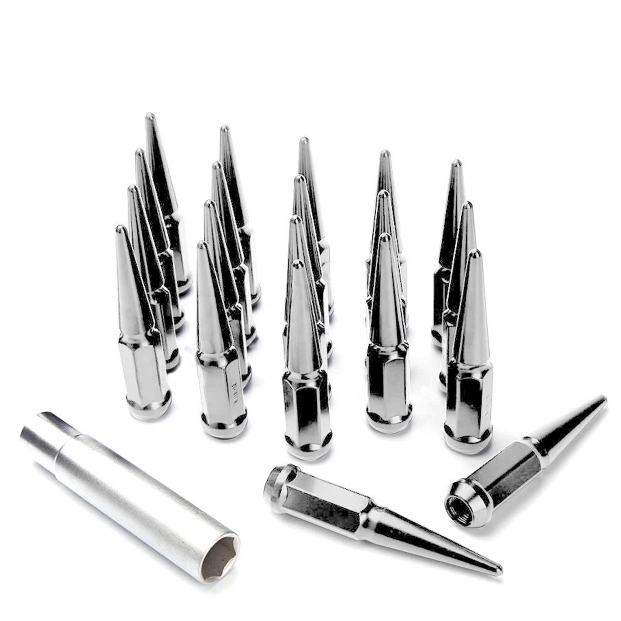 ARROW 20-Pack 4.5" Chrome Spike Lug Nuts - 1/2-20 Thread, 60° Conical Seat, Spline Drive With Key, Fits Ford