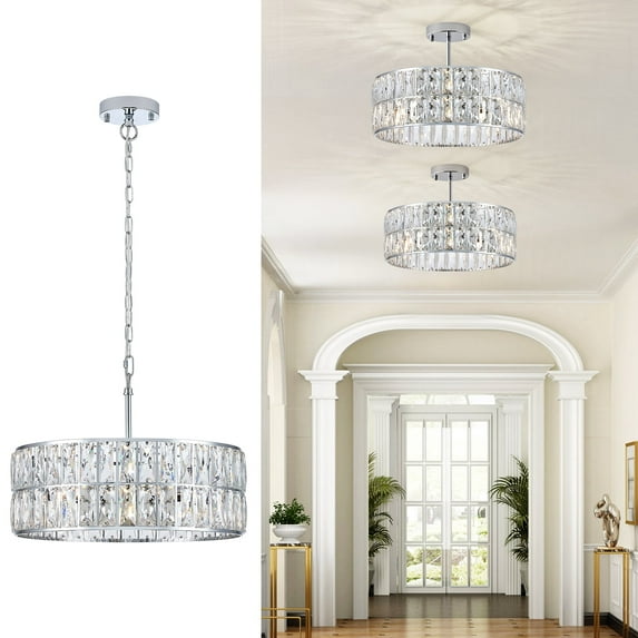 Chrome 18" Drum Crystal Chandelier 6-Lights Crystal Pendant Light Large Semi Flush Mount Ceiling Lights for Dining Room Living Room Kitchen Closet