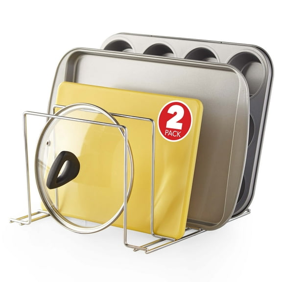 Chrome (2 Pack) Steel Baking Pan Organizer Rack for Cabinet or Counter, Holder for Kitchen Cutting Boards, Pot Lids, or Cookie Sheets - Rust Proof Wire, Drying Storage - Stock Your Home