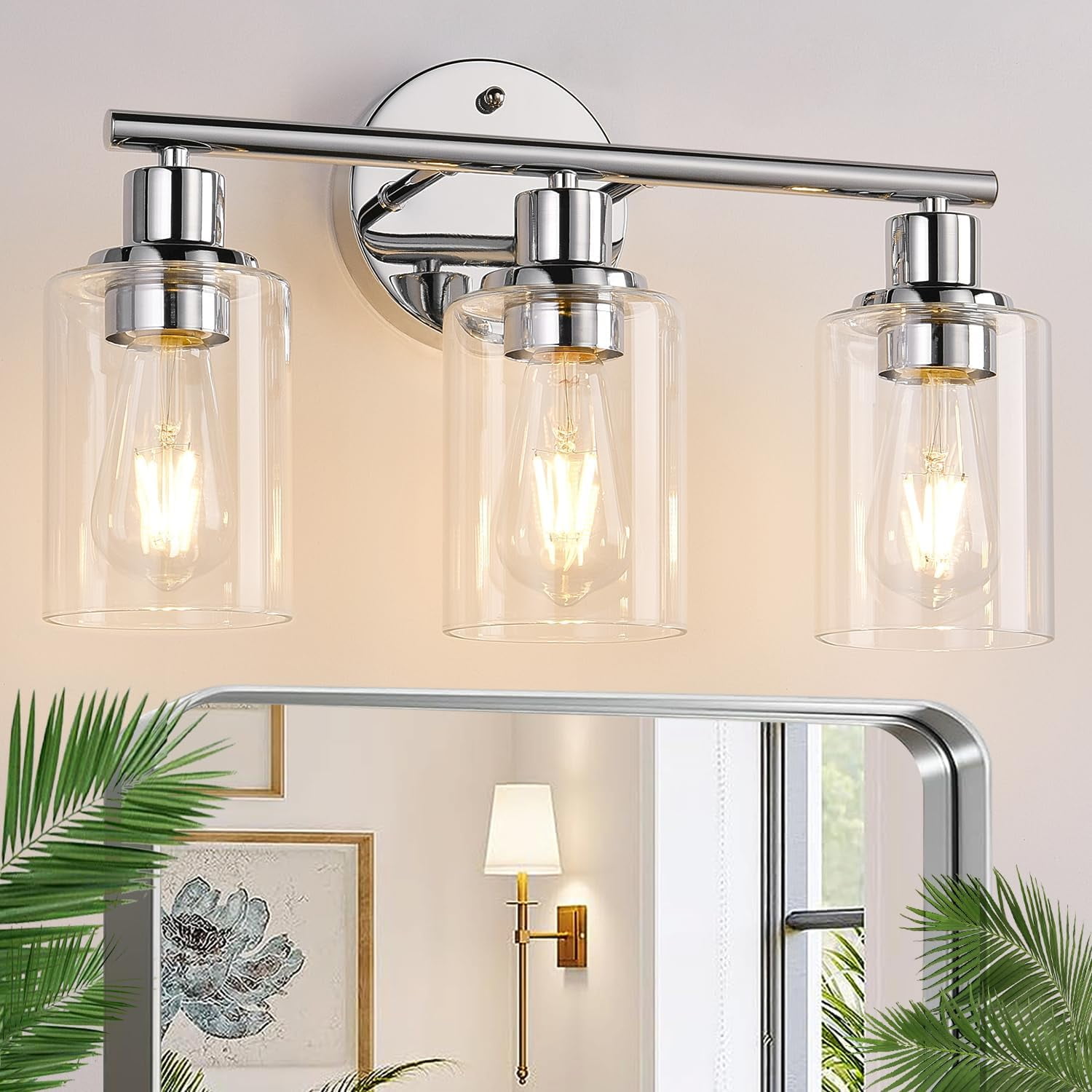 Chrome 3-Light Bathroom Wall Fixtures with Clear Glass Shade, Modern ...