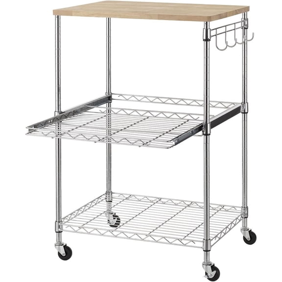 Chrome 3-Tier Rolling Kitchen Cart with Adjustable Shelves Removable Oak Top Sliding Tray Lockable Casters Side Hooks Coffee Station Trolley