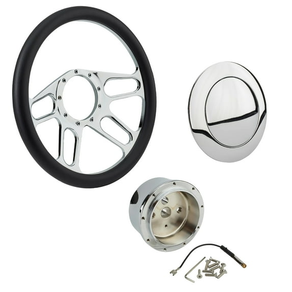 Chrome 4-Slot Steering Wheel w/ Steering Wheel Adapter and Horn Button