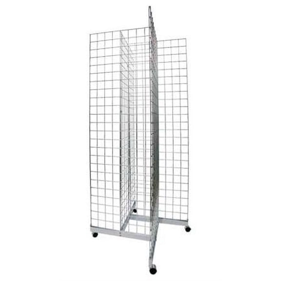 SSWBasics Chrome 4-Way Wire Grid Tower with Base and Casters- Chrome Grid Wall Store Display on Casters - Sturdy and Versatile Wire Display Rack for Vendors - Portable Retail Solution