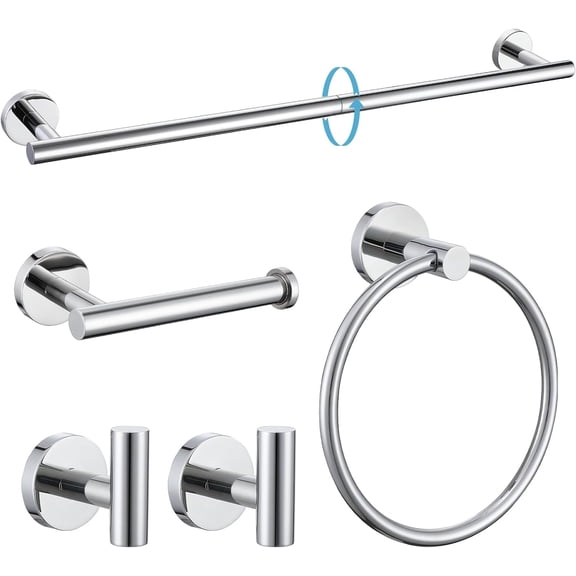 Chrome 5 Piece Bathroom Hardware Set, SUS304 Stainless Steel 24 Inch Bath Towel Bar Set, Round Bathroom Accessories Kit Wall Mounted