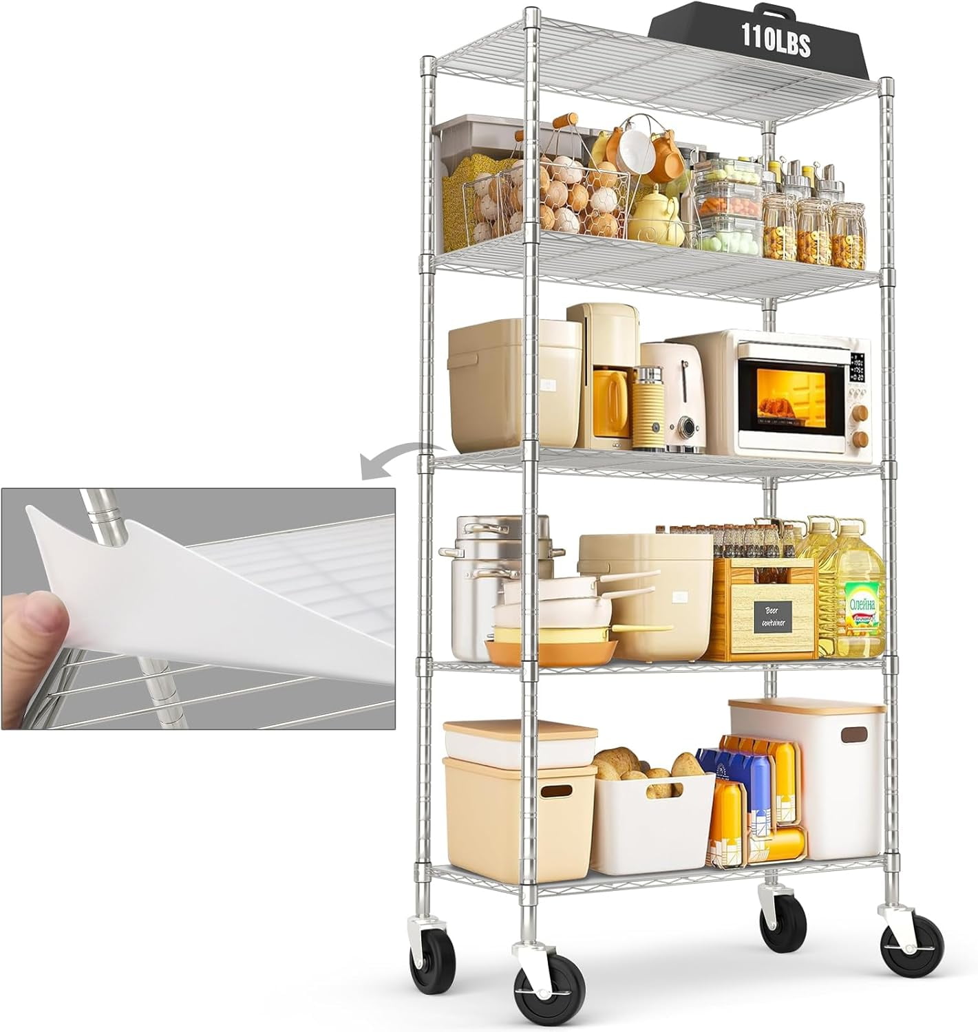 Chrome 5-Shelf Shelving Units and Storage Rack on Wheels with Shelf ...
