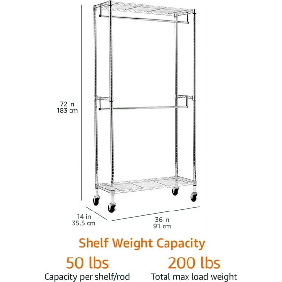 Chrome Adjustable Double Rod Clothes Rack – Rolling Garment Closet Organizer, 36" x 14" x 72" – Durable Home Storage for Hanging Clothes & Maximizing Closet Space