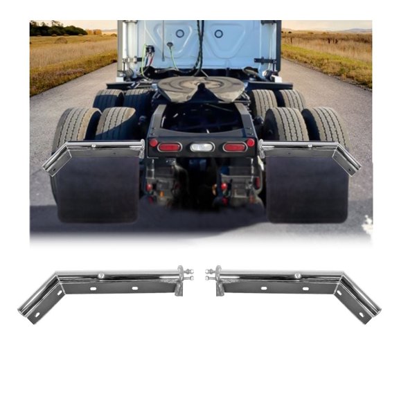 Chrome Angled Spring Loaded Mud Flap Hanger Bracket Set 28" Length - 1-1/8" Bolt Spacing - Round Tube Style 45 Degree Angled Mad Flap Hanger for Semi Trucks