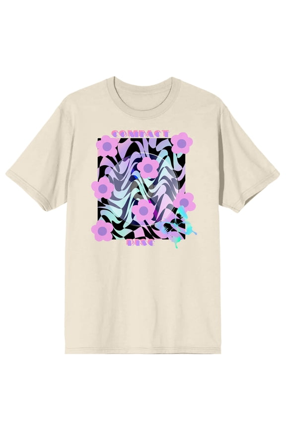 Chrome Baddie Y2K Groovy Wavy Pattern With Flowers Women's Natural Crew Neck Short Sleeve Tee-Large