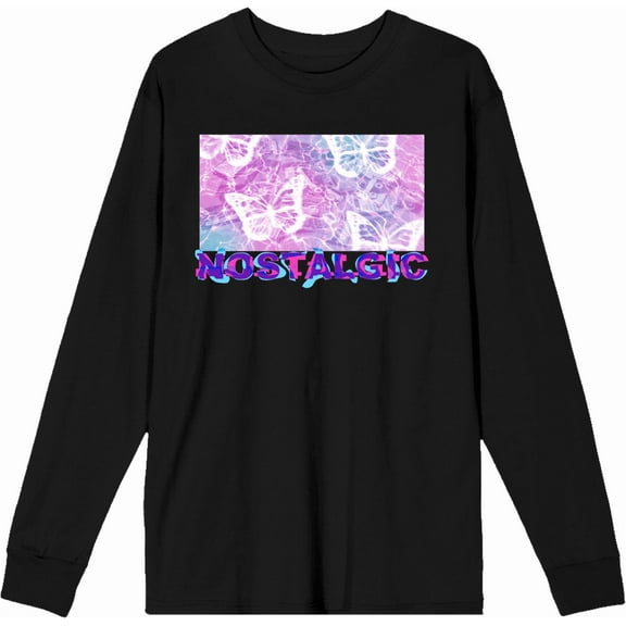 Chrome Baddie Y2K Trend Butterflies and Cassette Tape Adult Black Crew Neck Long Sleeve Tee-Large