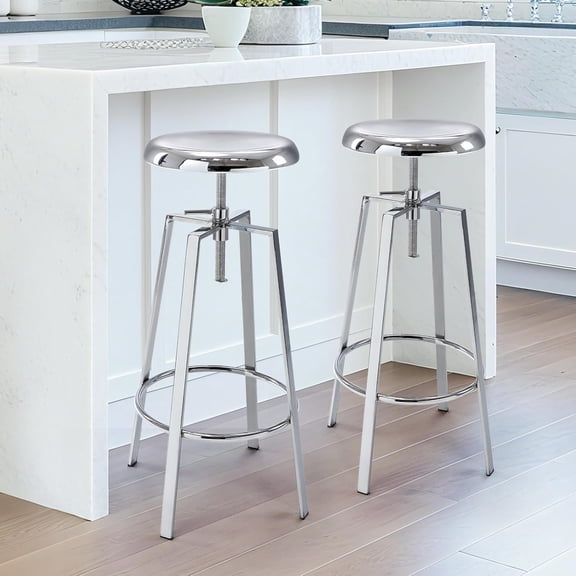 Chrome Bar Stools Set of 2, Adjustable Height 360° Swivel Bar Stools, Backless Industrial Metal Counter Stools with Footrest, Bar Chairs for Kitchen Island, Home Bar, Pub, Bistro