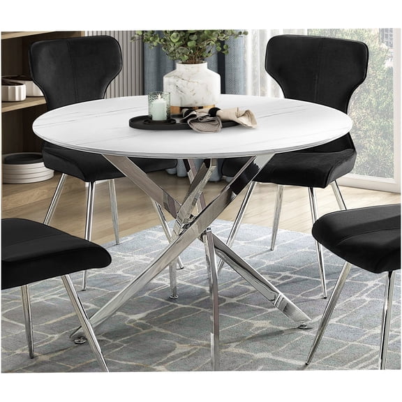 Chrome Base Round Faux Marble Dining Table for 4, Modern Kitchen Table with Metal Legs