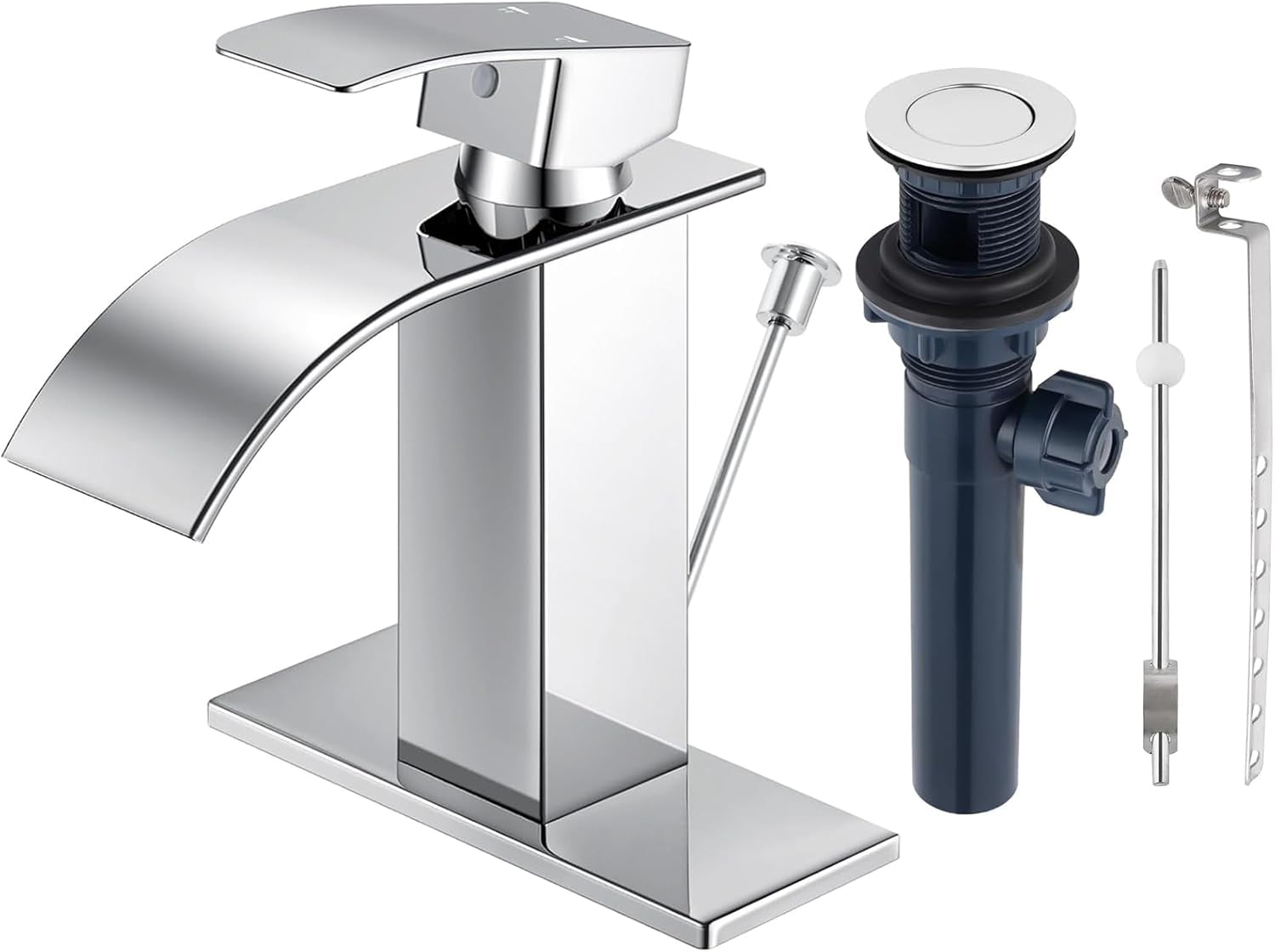 Chrome Bathroom Faucet with Lift Rod Drain, Waterfall Bathroom Sink Faucet Modern Single Handle Bathroom Faucte 1 or 3 Hole, RV Mixer Tap Vanity Faucet Washbasin Faucet with Deck