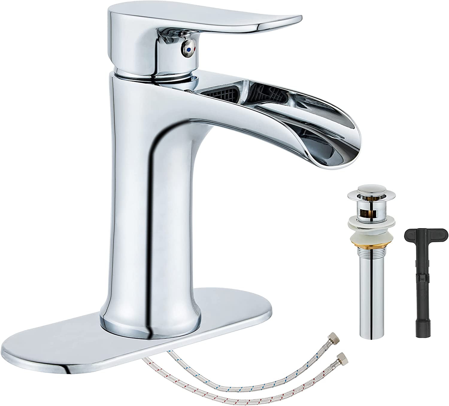 Chrome Bathroom Faucet,Yundoom Waterfall Bathroom Faucet Chrome,Pop Up Drain Bathroom Sink Faucet,Single Handle Bathroom Faucets,Faucet for Bathroom Sink Silver,Vanity Farmhouse Bathroom Faucet