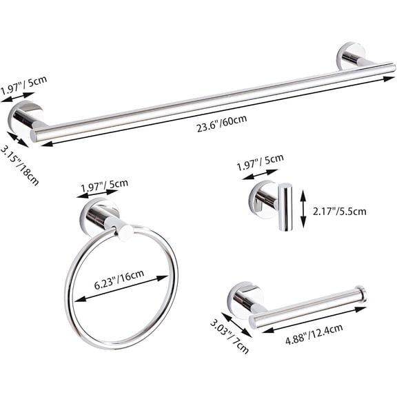 Chrome Bathroom Hardware Set 10 Piece with Towel Racks for Bathroom, SUS304 Stainless Steel Bath Towel Bar Set, 24 Inch Wall Mounted Accessories Kit