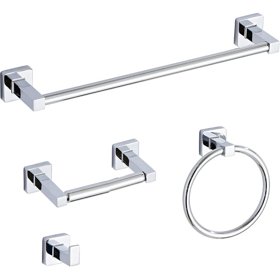 Chrome Bathroom Hardware Set 4 Pieces,Towel Bar Set Stainless Steel Wall Mounted, Includes 16In Hand Towel Bar, Towel Ring, Robe Towel Hooks,Toilet Paper Holder, Bathroom Towel Rack Set