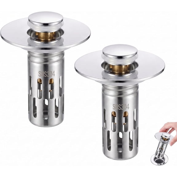 Chrome Bathroom Sink Drain Strainer, Upgraded 3 in 1 Universal Pop Up Stopper with Removable 304 Stainless Steel Filter Basket or Hair Catcher, Bullet Core, Plug for 1.1''~2.36'' Basin, 2 PCS