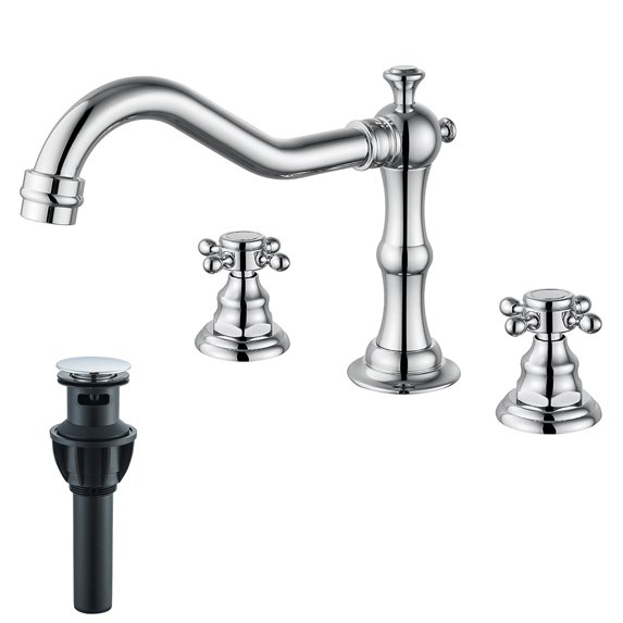 Chrome Bathroom Sink Faucet 2Handle 3 Hole Widespread Basin Mixer Faucet w/Drain