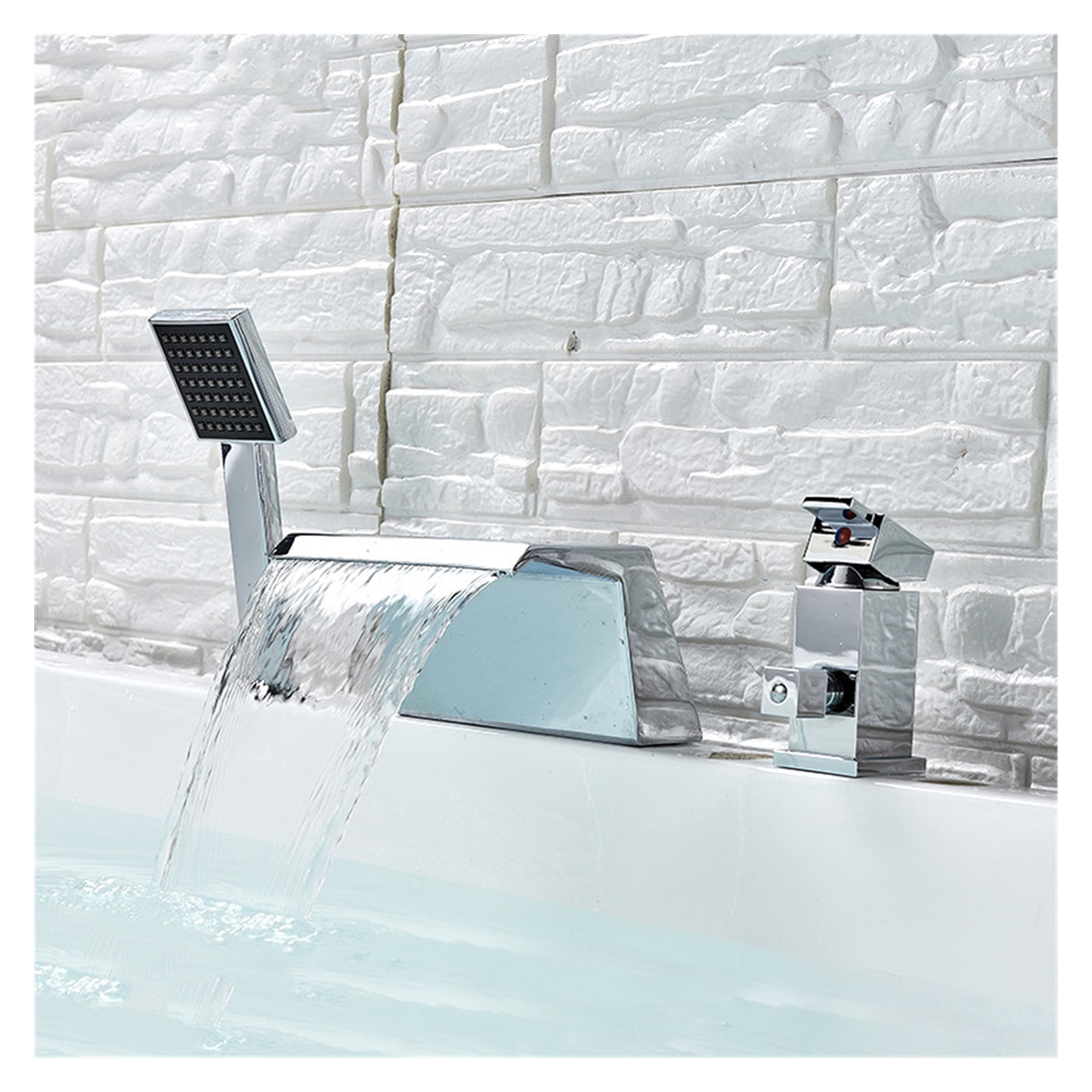 Chrome Bathtub Waterfall Shower Faucet with Hand Shower Hot Cold Water