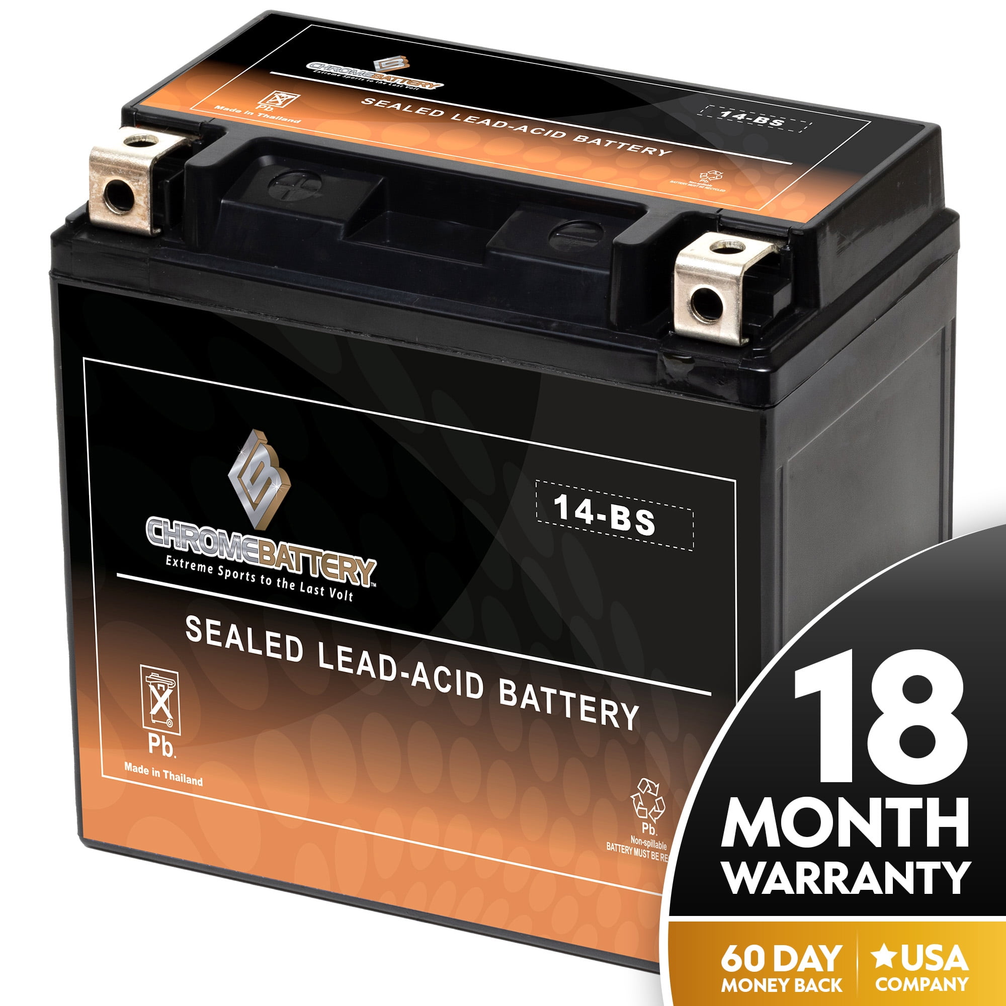 Chrome Battery YTX14-BS ( 12 Volt,12 Ah, 200 CCA) High Performance - Maintenance Free - Sealed AGM Rechargeable Motorcycle Battery