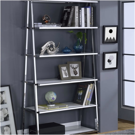 Chrome Bookshelf with High Gloss Finish, Modern 6-Tier Storage Shelf for Living Room