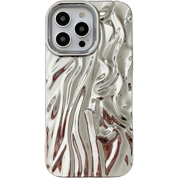 Chrome Case for Women/Girls, 3D Pleated Water Ripple Solid Color Soft Phone Case Compatible with iPhone 12, Silver