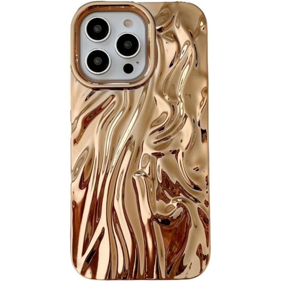 Chrome Case for Women/Girls, 3D Pleated Water Ripple Solid Color Soft Phone Case Compatible with iPhone 13, Glod