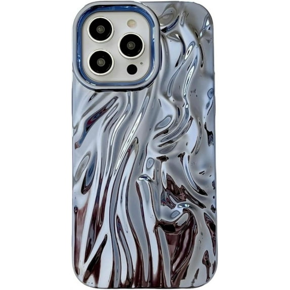 Chrome Case for Women/Girls, 3D Pleated Water Ripple Solid Color Soft Phone Case Compatible with iPhone 15, Blue