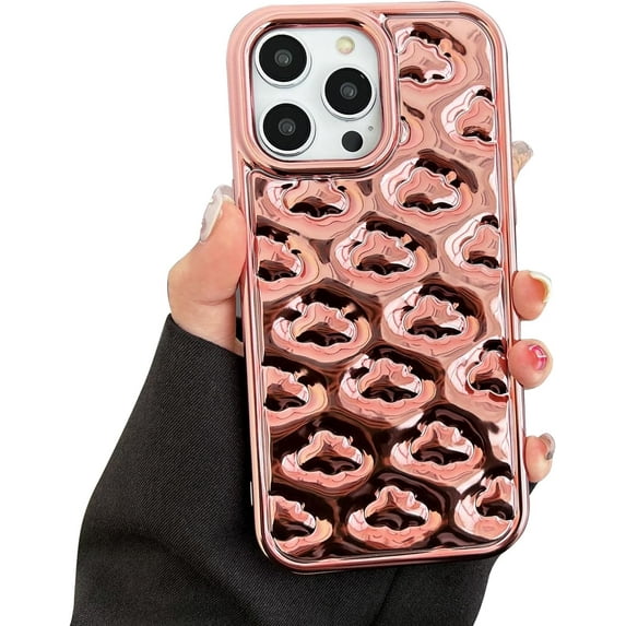 Chrome Case for Women/Girls, Electroplated 3D Cloud Pattern Soft Phone Case Compatible with iPhone 15 Pro Max, Rose Gold
