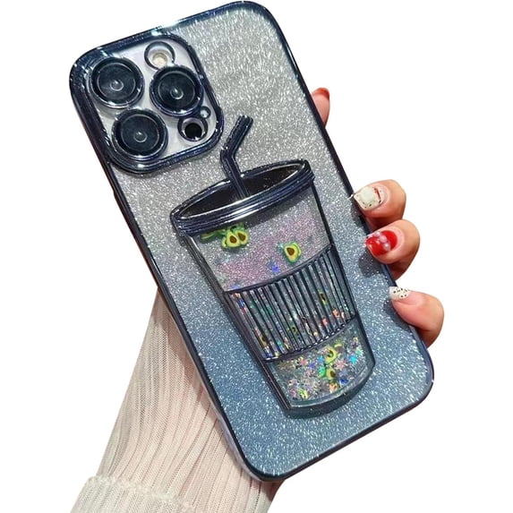 Chrome Case for Women/Girls, Glitter Quicksand Cup Plating Camera Protection Clear Case for iPhone Compatible with iPhone 14 Pro, Blue