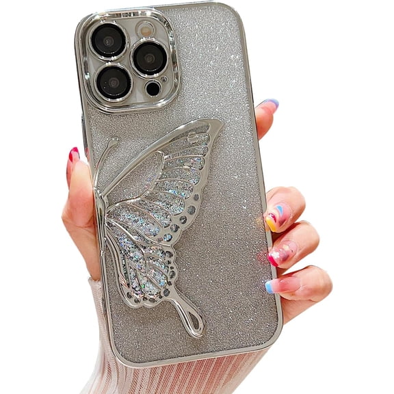 Chrome Case for Women/Girls, Gradient Glitter Butterfly Quicksand Plating Clear Phone Cases for iPhone Compatible with iPhone 12, Silver