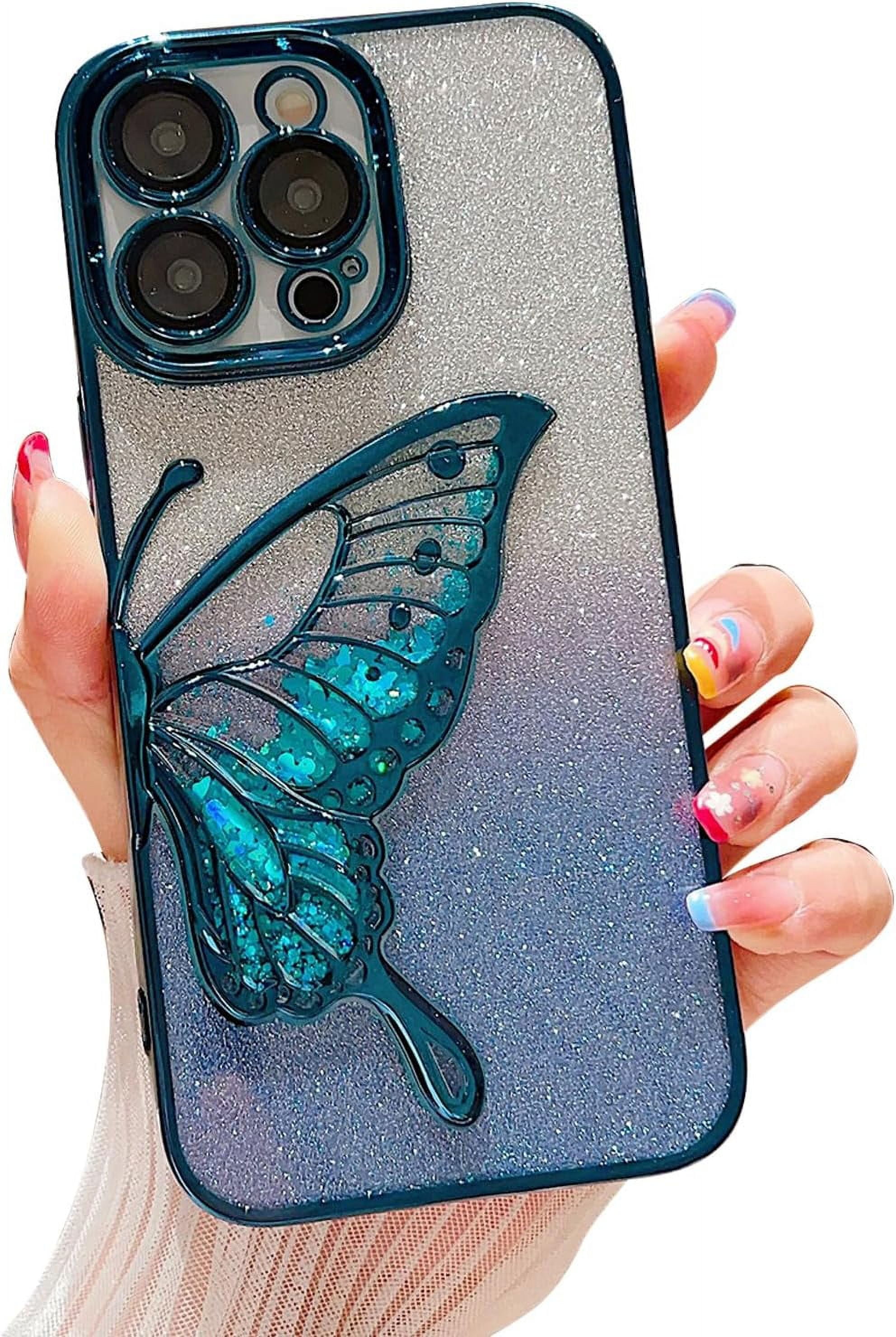 Chrome Case for Women/Girls, Gradient Glitter Butterfly Quicksand Plating Clear Phone Cases for iPhone Compatible with iPhone 13 Pro, Bule Chrome Case for Women/Girls, Gradient Glitter Butterfly Quicksand Plating Clear Phone Cases for iPhone Compatible with iPhone 13 Pro, Bule