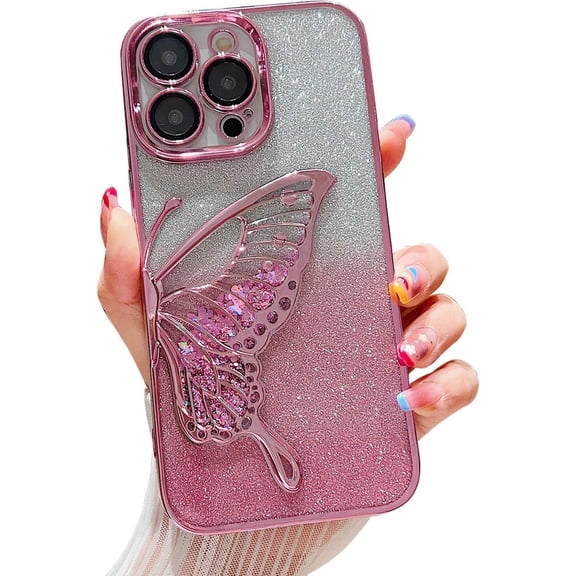 Chrome Case for Women/Girls, Gradient Glitter Butterfly Quicksand Plating Clear Phone Cases for iPhone Compatible with iPhone 15, Pink