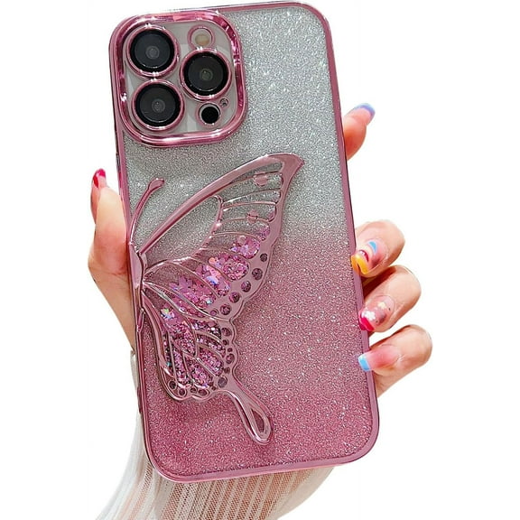 Chrome Case for Women/Girls, Gradient Glitter Butterfly Quicksand Plating Clear Phone Cases for iPhone Compatible with iPhone 15 Pro, Pink