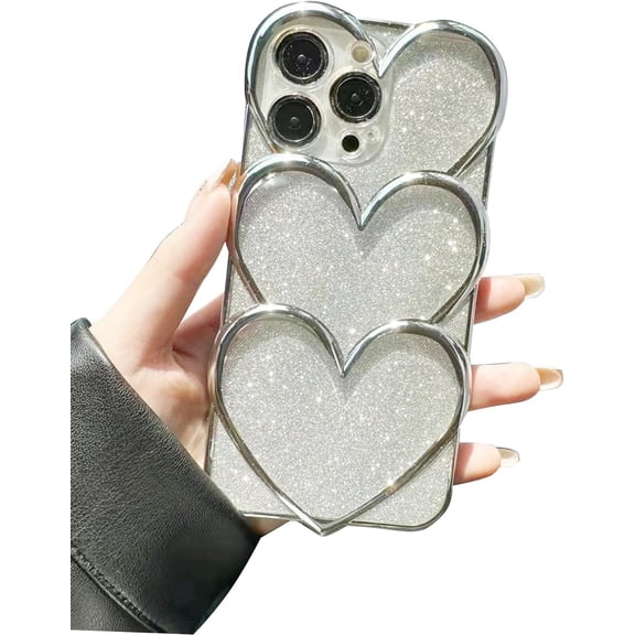 Chrome Case for Women/Girls, Silver Plated Stacked Hearts Bling Glitter Sparkle Phone Case Compatible with iPhone 15 Pro Max, Silver