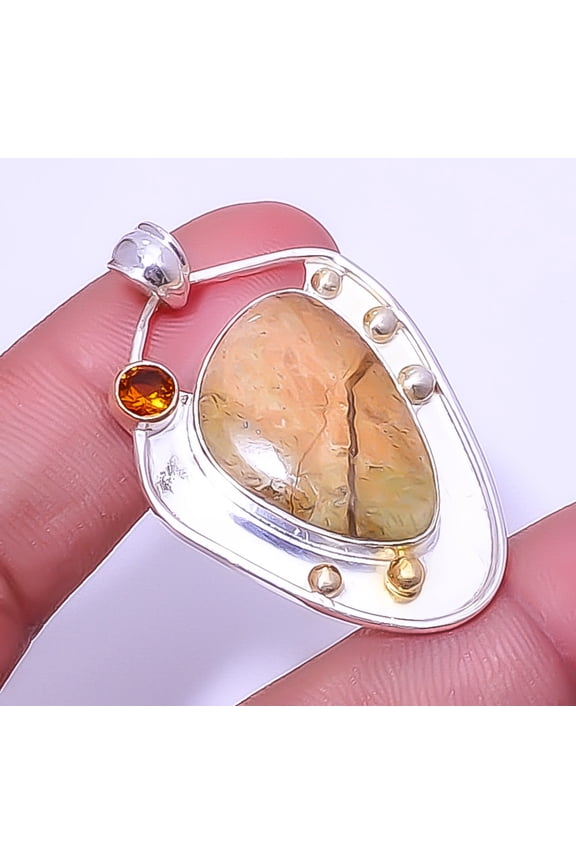 Chrome Chalcedony & Golden Quartz 925 Sterling Silver Two Tone Pendant 1.95" A44, Beautiful Jewelry For Woman, New Year Sale, Valentin's Day Gift