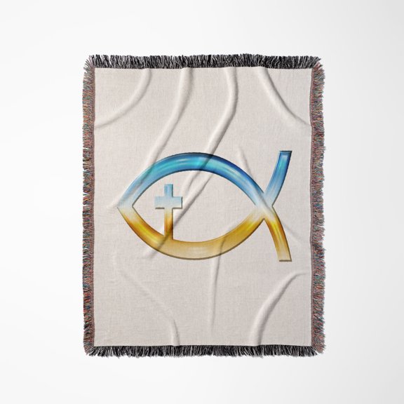 Chrome Christian Fish Symbol With Cross , Woven Blanket