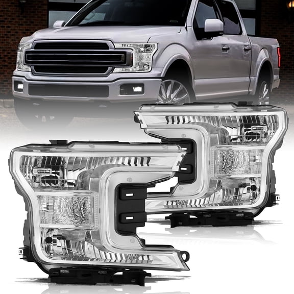 Chrome Clear Headlights Pair Lamps for 2018 2019 2020 Ford F150 Pickup Truck