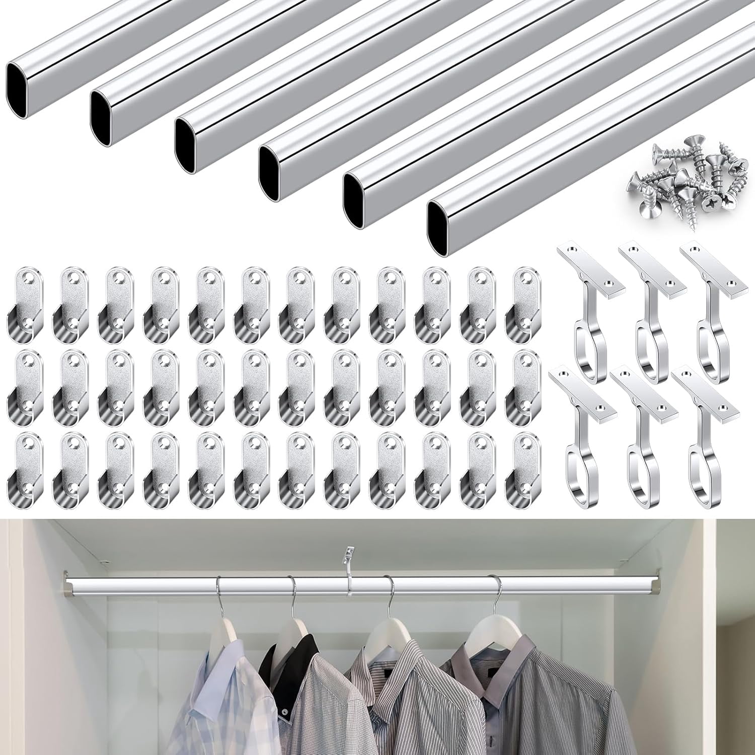 Chrome Closet Rod with Oval Closet Rod End Supports for Laundry Room