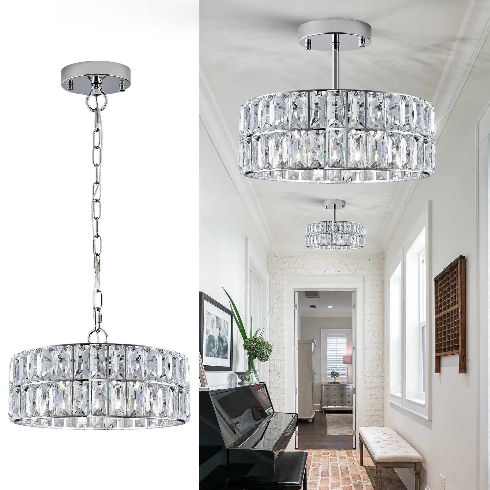 Chrome Crystal Chandeliers, Modern Semi Flush Mount Ceiling Light, Small 4-Ligh Round Crystal Hanging Pendant Light Fixtures,D12” for Dining Room Entryway Kitchen Hallway