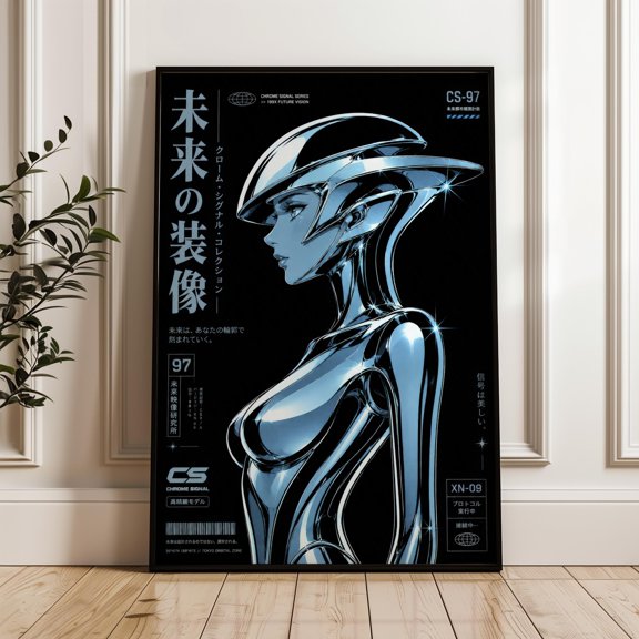 Chrome Cyborg Woman, Japanese Retrofuturism Wall Art Print, Sci-fi Poster, Poster Only